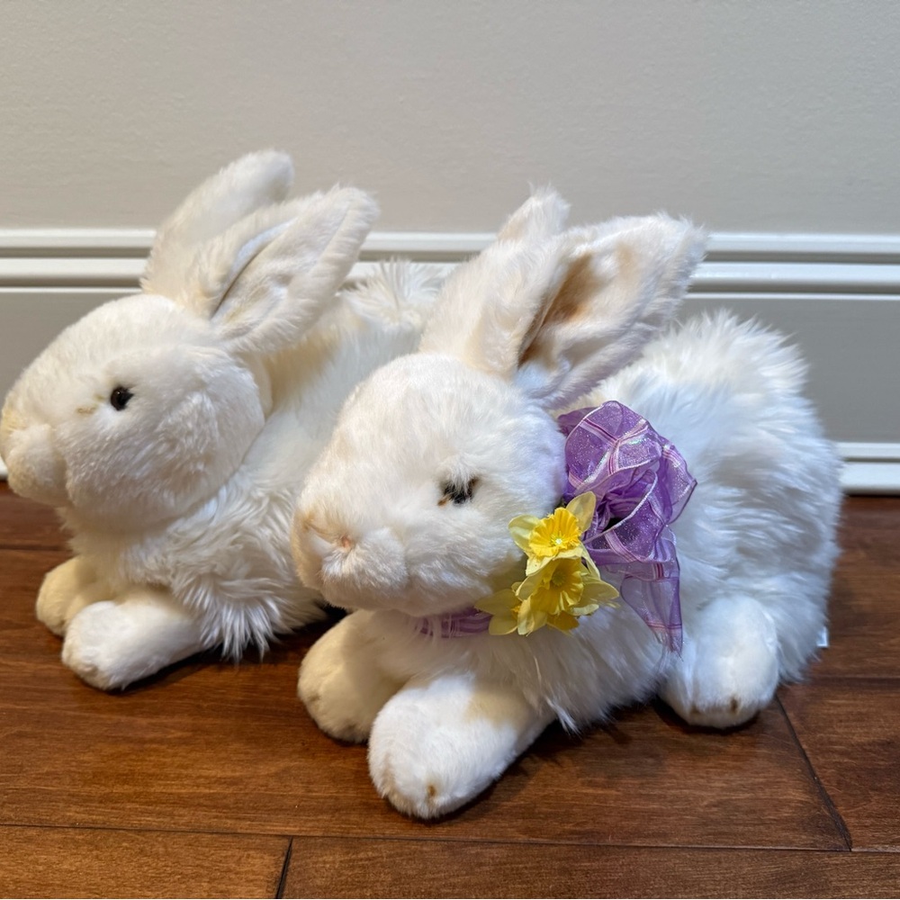 Set of 2 White Plush Bunnies - one with Purple Bow